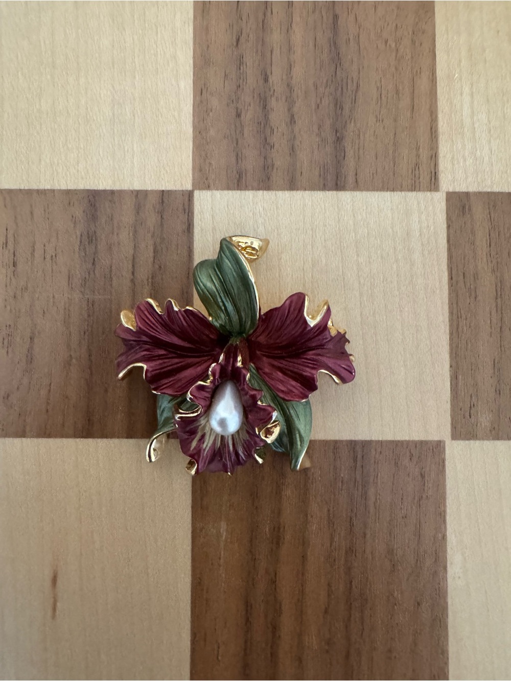 Gold-Tone Burgundy Orchid Pendant with Pearl Accent